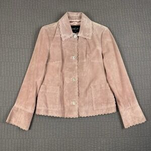 Pasha & Jo Leather Jacket Coat Women Medium Pink Scalloped Edge Trim Buttons